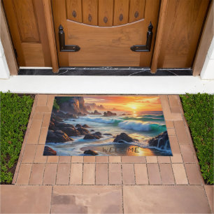 Custom Tropical Sunset Cliffs – Vibrant Coastal  Doormat
