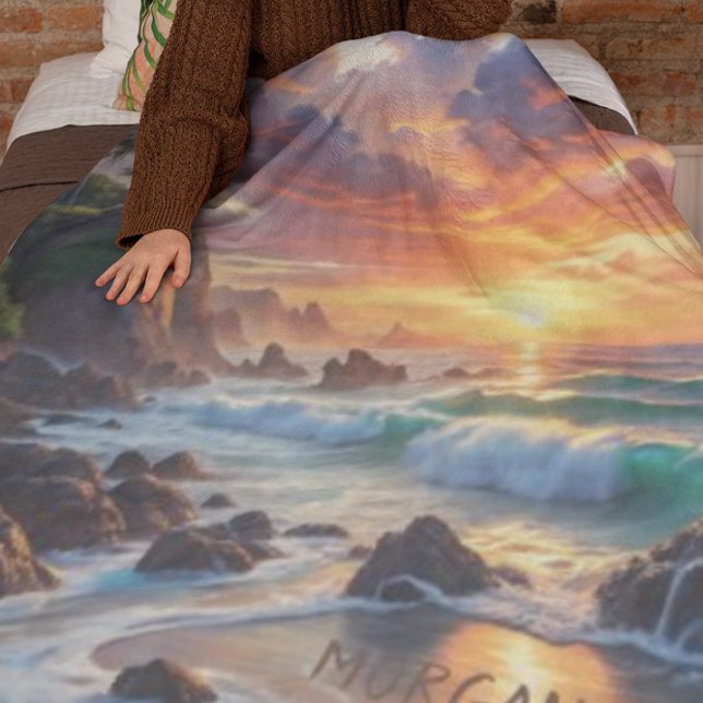 Custom Tropical Sunset Cliffs – Vibrant Coastal  Fleece Blanket (Creator Uploaded)