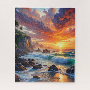 Custom Tropical Sunset Cliffs – Vibrant Coastal  Jigsaw Puzzle