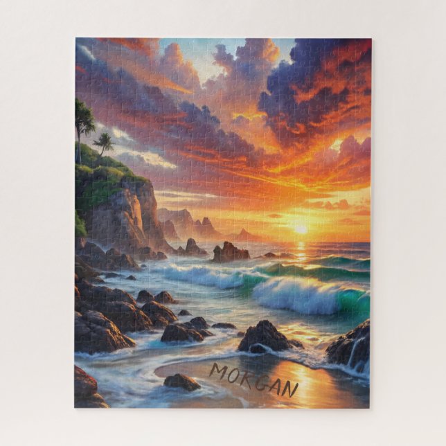 Custom Tropical Sunset Cliffs – Vibrant Coastal  Jigsaw Puzzle (Vertical)