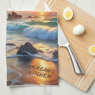 Custom Tropical Sunset Cliffs – Vibrant Coastal Tea Towel