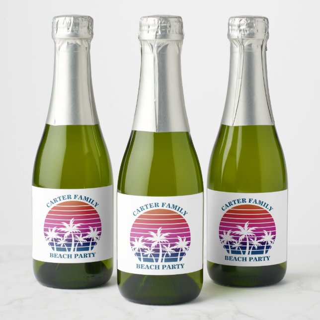 Custom Tropical Sunset Palm Trees Beach Party Mini Sparkling Wine Label (Bottles)