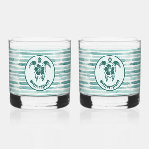 Custom Tropical Turtle and Hibiscus Floral Striped Whiskey Glass