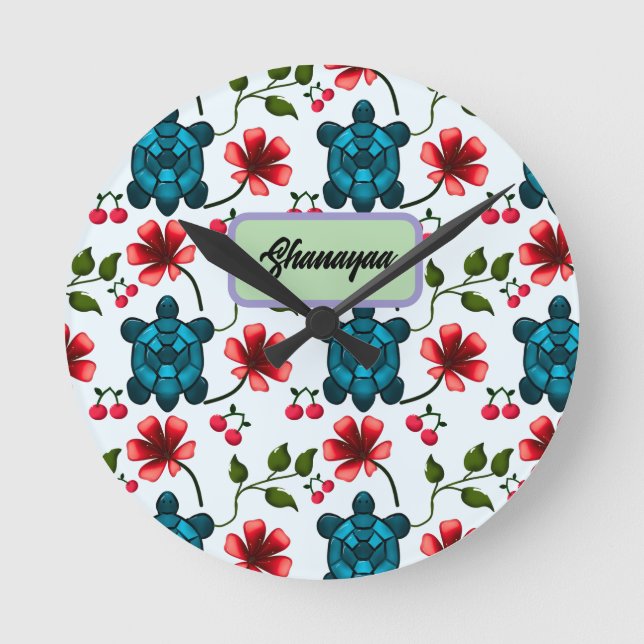 Custom Tropical Turtle Cherry Floral Pattern  Round Clock (Front)