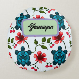 Custom Tropical Turtle Cherry Floral Pattern Round Cushion