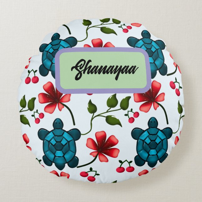 Custom Tropical Turtle Cherry Floral Pattern  Round Cushion (Front)