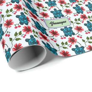 Custom Tropical Turtle Cherry Floral Pattern  Wrapping Paper