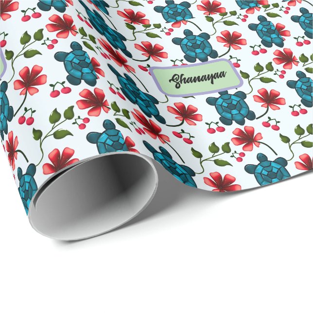 Custom Tropical Turtle Cherry Floral Pattern  Wrapping Paper (Roll Corner)