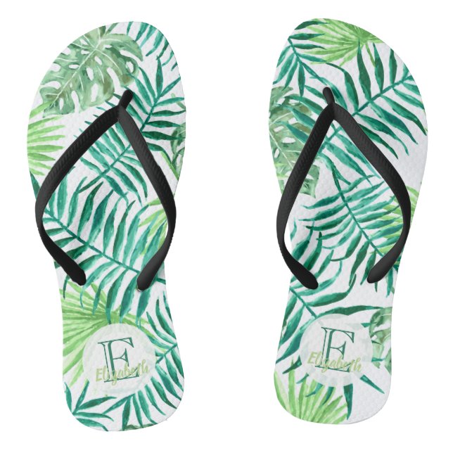 Custom, turquoise and green tropical palm leaves: thongs (Footbed)