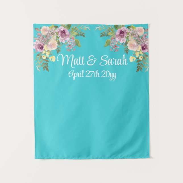 Custom Turquoise Blue Wedding Reception Photobooth Tapestry (Front)