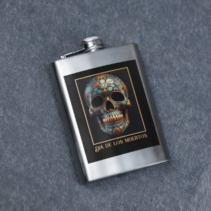 Custom Turquoise Gold Día de los Muertos Skull Hip Flask
