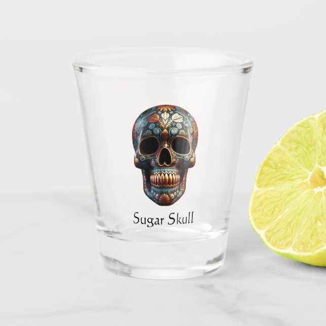 Custom Turquoise Gold Día de los Muertos Skull Shot Glass (Front)