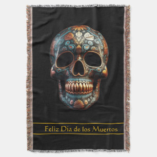 Custom Turquoise Gold Día de los Muertos Skull Throw Blanket