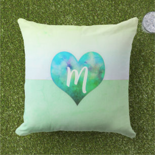 Custom Turquoise Heart Modern Coastal Monogram Cushion