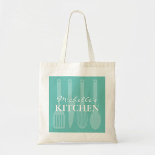 Custom turquoise kitchen cooking utensils tote bag