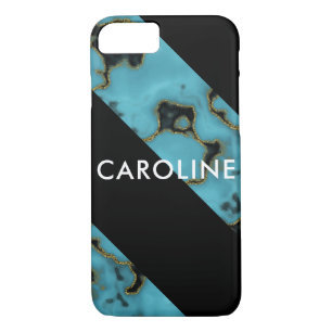Custom Turquoise Stone Gold Black Diagonal Stripes iPhone 8/7 Case