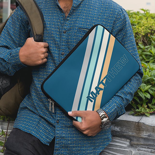 Custom Turquoise Teal Blue Gray Yellow Stripes Art Laptop Sleeve (Creator Uploaded)
