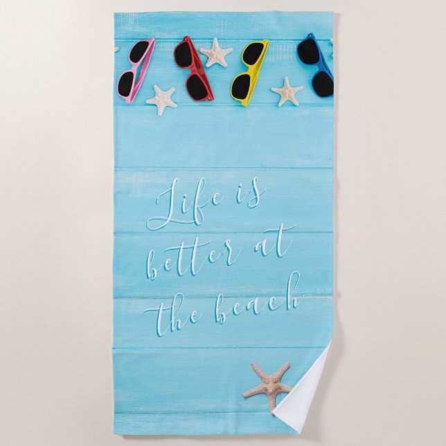 Custom Turquoise Wood with Sun Glasses Summer Beach Towel (Front)