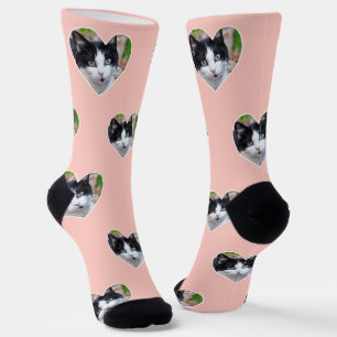 Custom Tuxedo Cat Photo on Light Pink Socks
