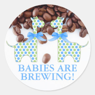 Custom Twin Boy Giraffes Babies are Brewing Classic Round Sticker