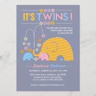 Custom twins baby elephant and flower shower invitation