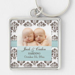 Custom Twins Damask Photo Keychain Blue and Brown