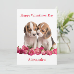 Custom Two Beagles with Pink Rose Petals Valentine Holiday Card
