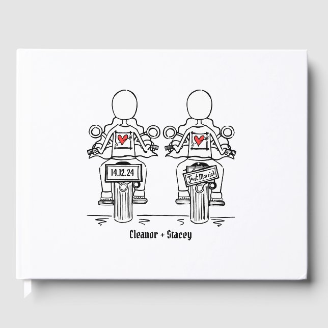 Custom Two Brides Biker Motorcycle Evening Wedding Guest Book (Front)