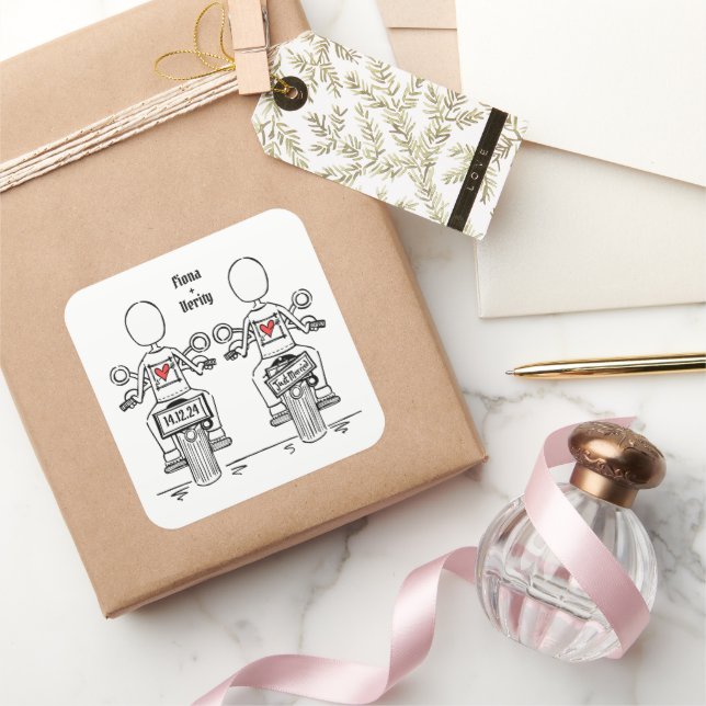 Custom Two Brides Biker Motorcycle Lesbian Wedding Square Sticker (Gifting)