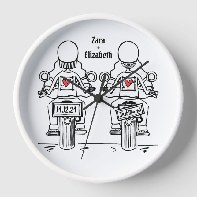 Custom Two Brides Biker Motorcycle Wedding Clock (Front)