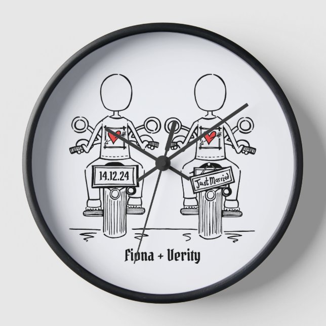 Custom Two Brides Biker Motorcycle Wedding Clock (Front)