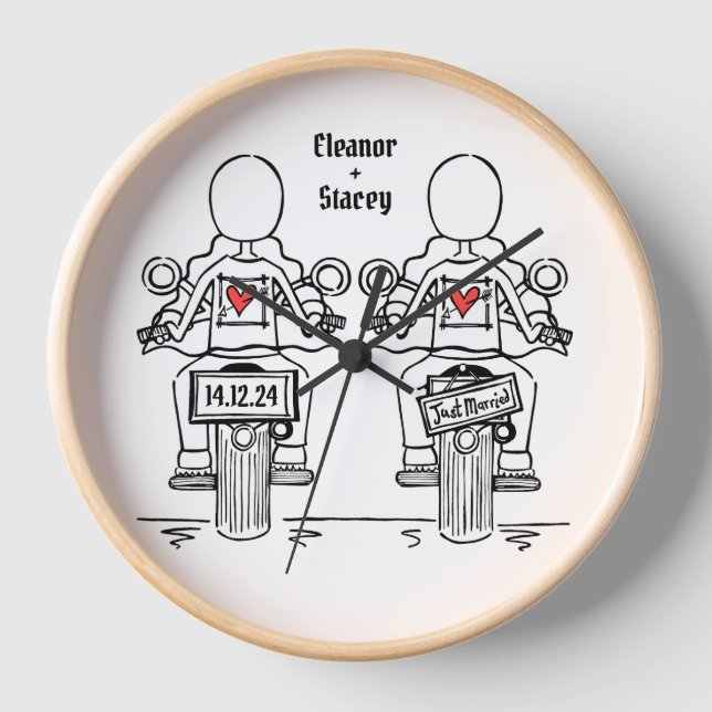 Custom Two Brides Biker Motorcycle Wedding Clock (Front)