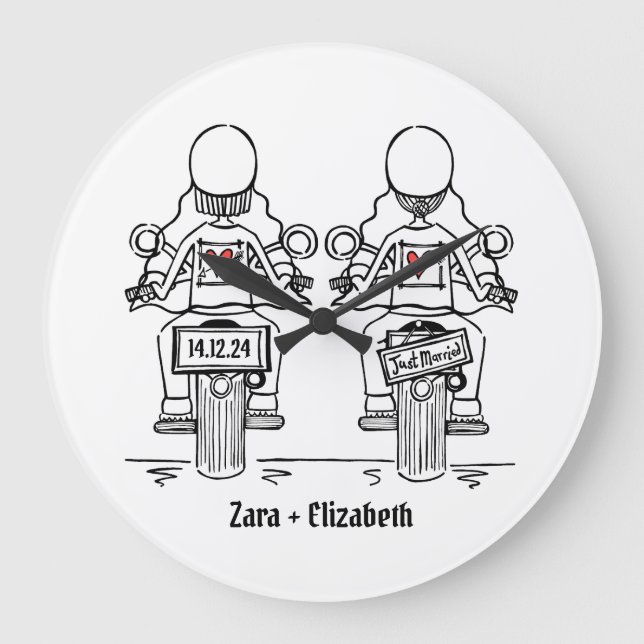 Custom Two Brides Biker Motorcycle Wedding Large Clock (Front)