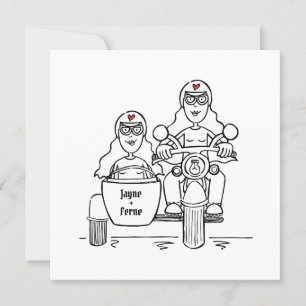Custom Two Brides Motorbike and Sidecar Evening Invitation