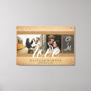 Custom Two Couple Photos Gold Glitter Monogrammed Canvas Print
