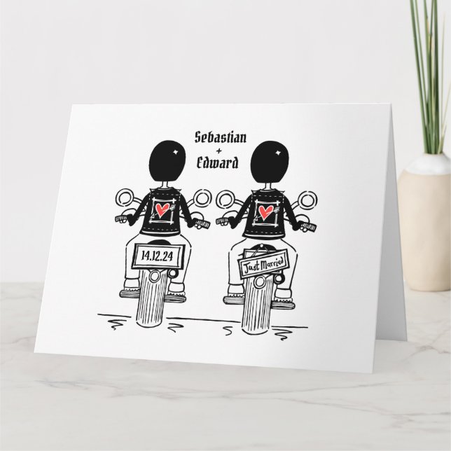 Custom Two Grooms Biker Motorcycle Wedding Card (Front)
