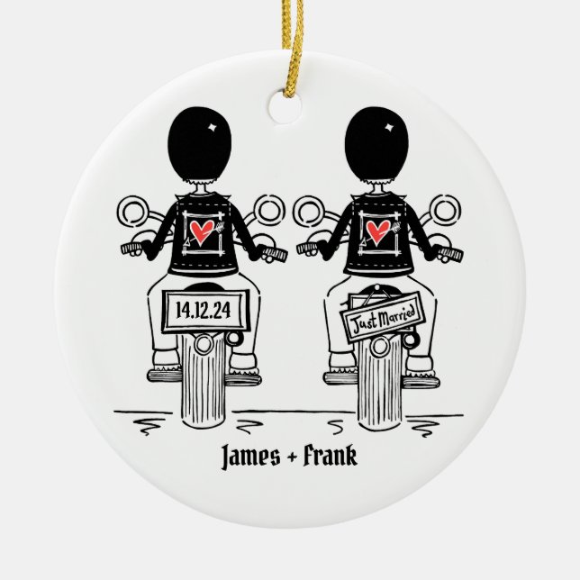 Custom Two Grooms Biker Motorcycle Wedding Ceramic Ornament (Front)