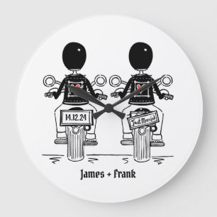 Custom Two Grooms Biker Motorcycle Wedding Large Clock