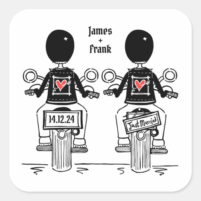 Custom Two Grooms Biker Motorcycle Wedding Square Sticker (Front)