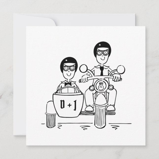 Custom Two Grooms Motorbike and Sidecar Wedding Invitation (Front)