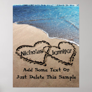 Custom Two Hearts In Sand Large Photo Poster Print
