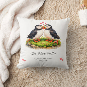 Custom Two Hearts One Love Puffins Wedding Cushion