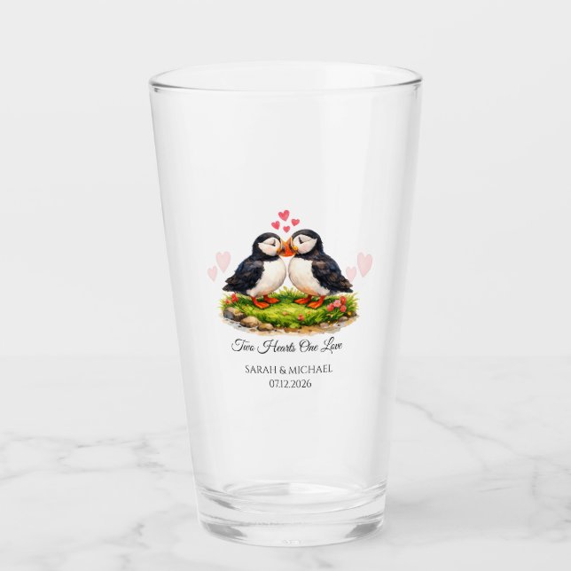 Custom Two Hearts One Love Puffins Wedding  Glass (Front)