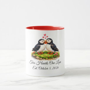 Custom Two Hearts One Love Puffins Wedding Mug