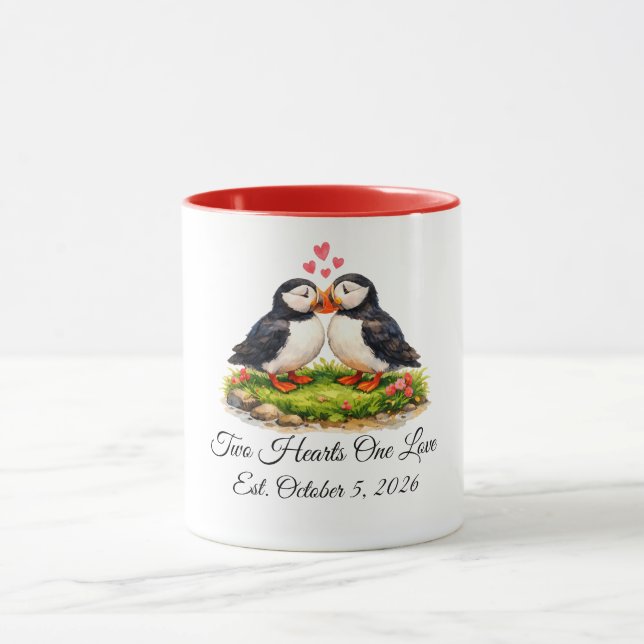 Custom Two Hearts One Love Puffins Wedding  Mug (Center)