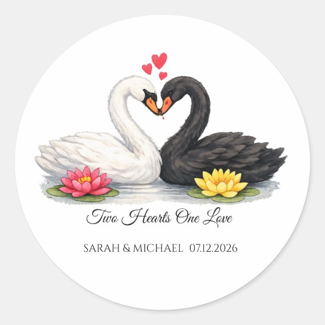 Custom Two Hearts One Love Swans Wedding Sticker (Front)