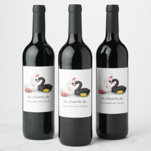 Custom Two Hearts One Love Swans Wedding Wine Label