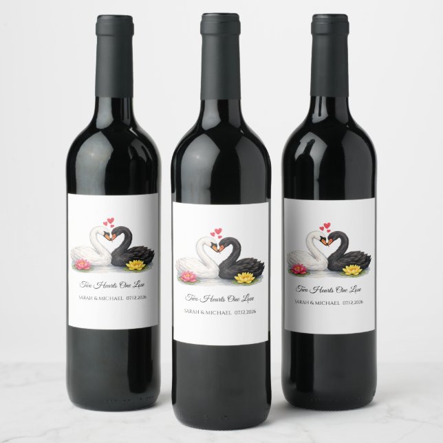Custom Two Hearts One Love Swans Wedding  Wine Label (Bottles)