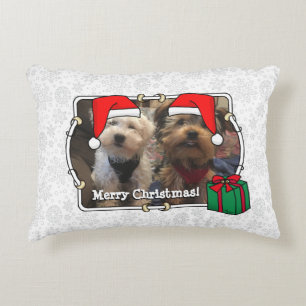 Custom Two Photo Christmas Santa Hat Pet HO HO HO Decorative Cushion