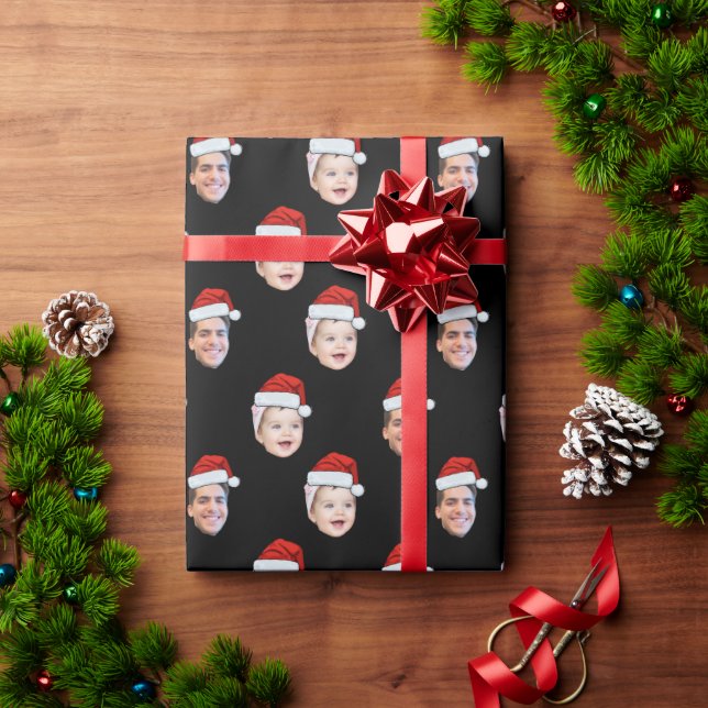 Custom Two Photos Family Santa Hat Face  Wrapping Paper (Holiday Gift)
